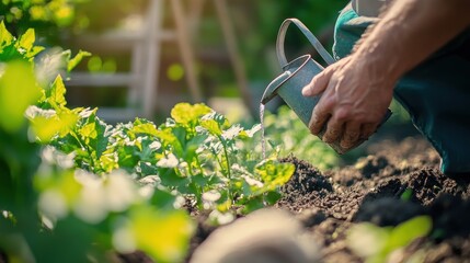 Closeup view of hands of gardener working in field planting flowers.