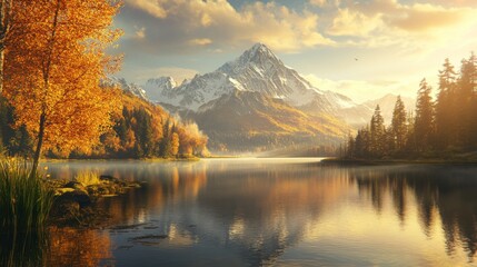 Obraz premium crystal-clear alpine lake reflecting a mountain peak, golden sunlight casting a warm glow, cinematic composition
