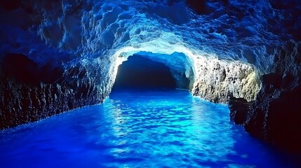 Luminous Blue Water Fills a Dark Sea Cave