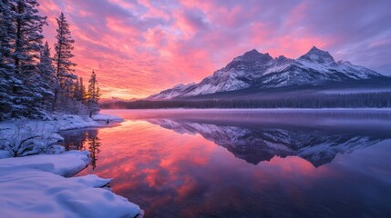 Winter Sunrise over Snowy Mountain Lake Reflection