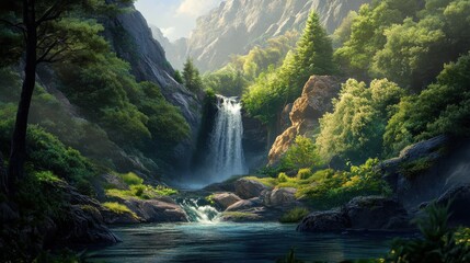 Fototapeta premium Beautiful green forest with waterfalls in the mountains, a spring nature landscape.