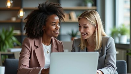 Two businesswoman working together using digital laptop pc and talking about a business project. Small creative diversity team of African American and blond females executives meeting work in office