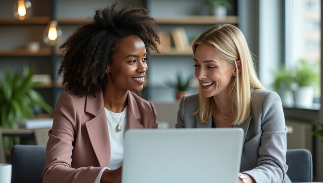 Two businesswoman working together using digital laptop pc and talking about a business project. Small creative diversity team of African American and blond females executives meeting work in office