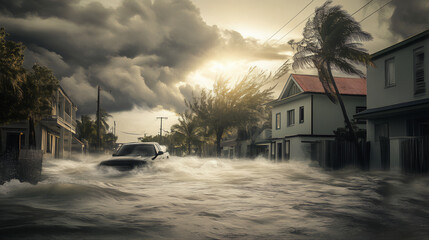 Evacuation rescue mission crew team during a hurricane, storm natural disaster and destructive scene. A rescue emergency team during an hurricane flooding crisis evacuation 