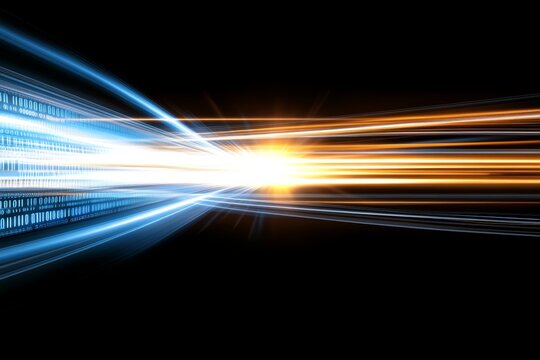 Abstract Digital Background with Blue Binary Code and Glowing Light Streaks
