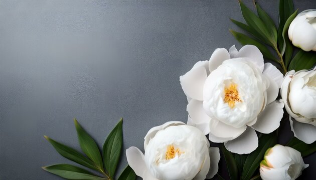 soft white peony flowers with leaves on gray table background ideal for displaying text with a sentimental touch copy space image with top view