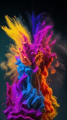The multi-colored colors of Holi mix with each other and scatter in different directions. Bright abstract vertical background. High quality photo