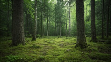 Naklejka premium Misty forest path, moss, trees, nature, background, tranquility, wallpaper
