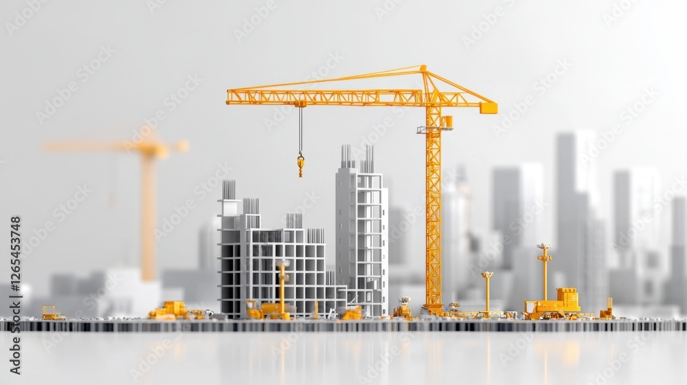 Poster construction site with cranes and building structures creating skyline in urban area emphasizing ind
