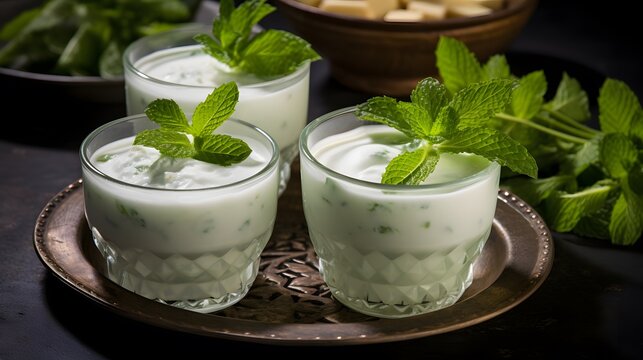 Close-up of laban yogurt drink served at table. Ramadan dishes. 