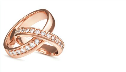 a pair of intertwined wedding rings with a glowing sparkle, eternal love concept, isolated on white background