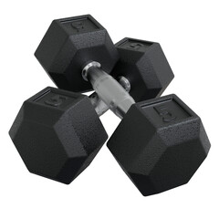 Hex Dumbbells with number 5, weightlifting gym equipment side view. Png clipart isolated on transparent background