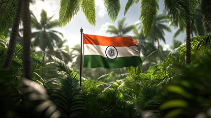 A beautifully raised Indian national flag surrounded by lush greenery, with its colors standing out vividly against nature's backdrop.