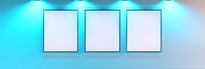 A rectangular white wall with five cyan spotlights, showcasing three rectangular blank frames horizontally aligned. The translucent glowing panels add a futuristic touch.