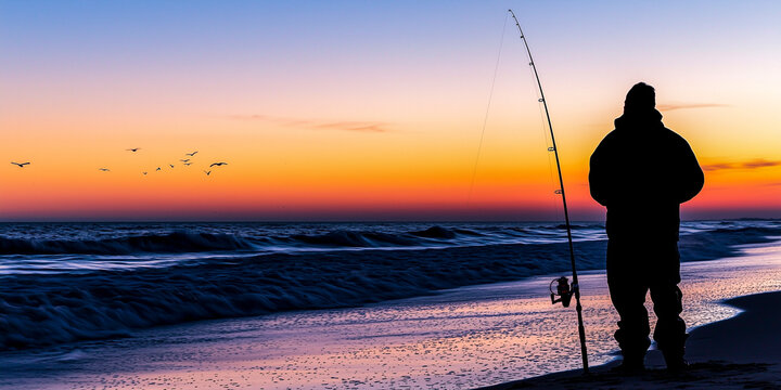 Silhouette of a fisherman fishing on the beach at sunset - angling and surfcasting fishing concept