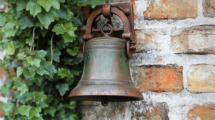 Obraz premium Antique bell, brick wall, ivy, garden, announcement
