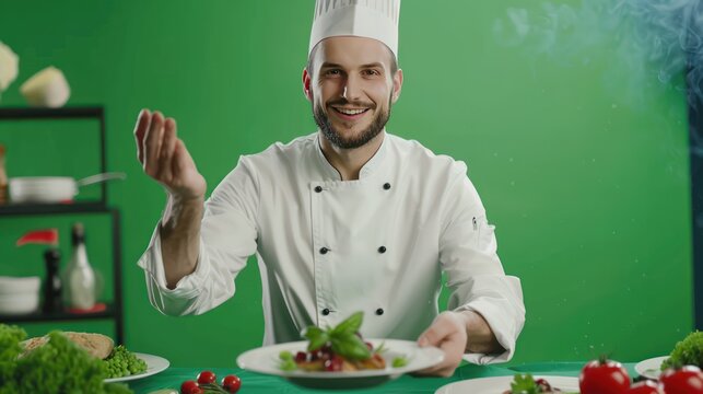 A chef serves a dish in front of a green screen