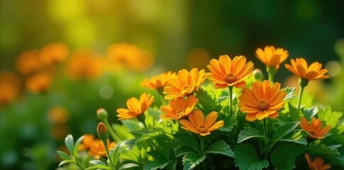 Fototapeta premium Bright orange flowers on a mound of green foliage, summerbloom, sunnygarden