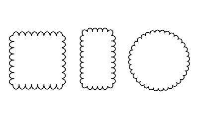 Border frame scallop edge rectangle, oval, round vector shape. Wave scallop squiggle cute simple rectangle border set. Simple wavy squiggly line retro photo picture frame. Vector illustration