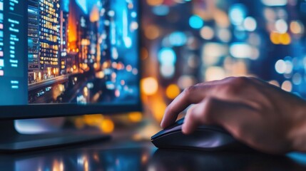 A side view of a technicians hand manipulating a mouse navigating through the distortion correction software. In the background a blurred image of a cityscape on the monitor demonstrates