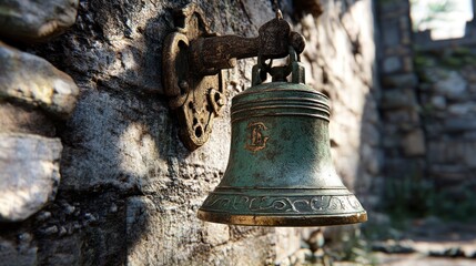 Obraz premium Ancient bronze bell, stone wall, ruins, sunlight, game asset