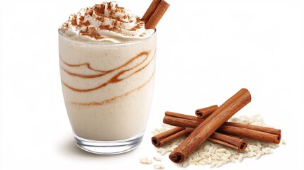 Creamy horchata beverage in glass with cinnamon sticks and rice on white background studio shot