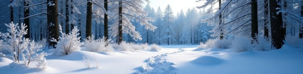 Fototapeta premium Frosty forest floor with snow-covered trees in the background, snowy woods, frosty details