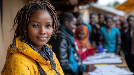 Nurse organizing a vaccination drive, surrounded by volunteers and cheerful participants