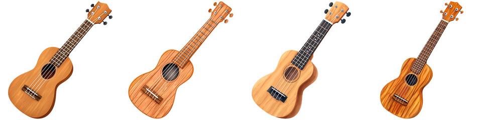 Obraz premium Retro pixel art and songs, A collection of ukuleles showcasing different shapes and finishes, highlighting their wooden craftsmanship and unique designs.