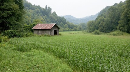 Obraz premium Rustic shed in a green valley cornfield