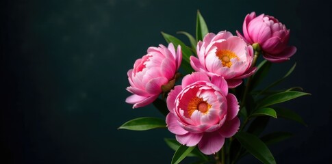 Large peony flowers in a loose bouquet on dark background with negative space, dark colored background, dark background, still life
