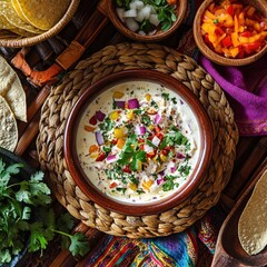 Creamy mexican street corn salad with tortilla chips and colorful vegetables overhead shot