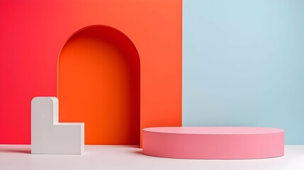 Abstract Geometric Display with Pink Podium and Color Blocks