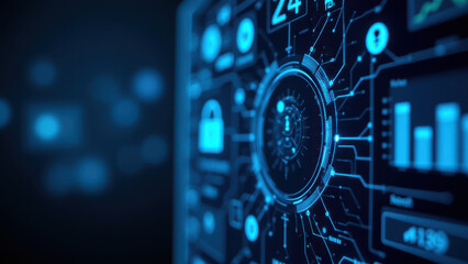 Obraz premium Advanced digital interface for cybersecurity and internet security control panel with glowing blue elements against a dark background.