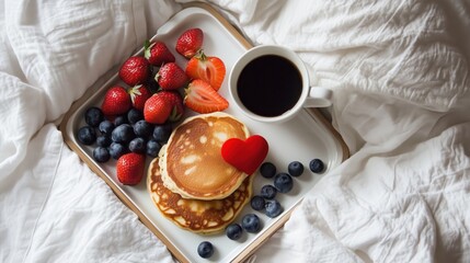 Breakfast in Bed: A tray with coffee, pancakes shaped like hearts, and fresh fruit.