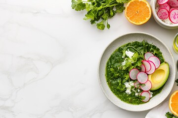 Vibrant green gazpacho with avocado radish and orange on white marble table top view