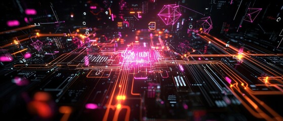 Abstract Digital Network with Glowing Orange and Pink Lines