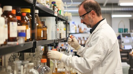 A chemist testing new substances in a lab, mixing chemicals in beakers with safety precautions in place.