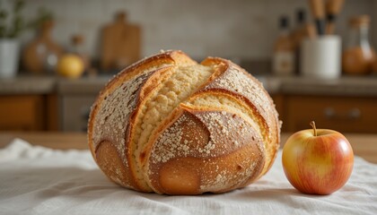 Artisan Bread Loaf and Apple: Rustic Kitchen Still Life