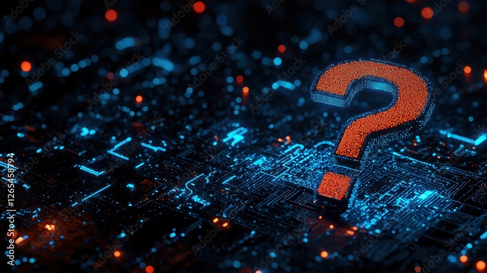 Poster abstract representation of digital technology with a glowing question mark in the center, symbolizin
