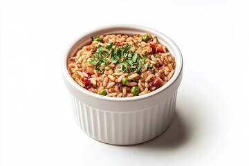 Delicious rice dish with vegetables and fresh herbs served in a white ceramic bowl