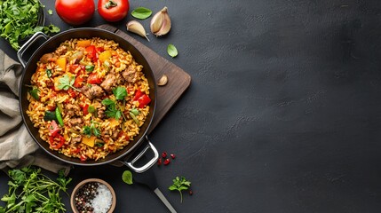 Delicious and Colorful Rice Dish with Meat and Vegetables Served in a Pan on Dark Background
