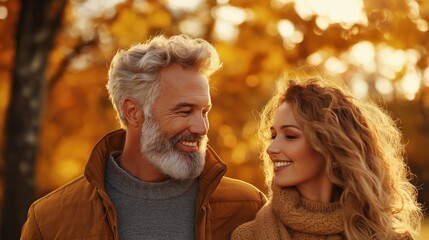 A happy couple walking in a park during autumn, smiling warmly at each other as golden leaves surround them, creating a cozy and romantic atmosphere