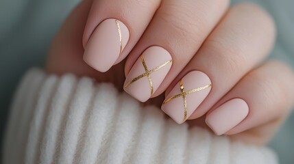 Nail Fashion manicure luxury concept. Elegant Matte Taupe Nails with Minimalist Gold Geometric Lines and Soft Metallic Accents