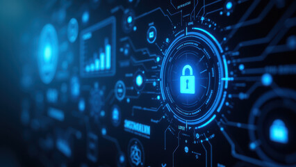 Obraz premium Cybersecurity concept with glowing interface, lock symbol at center, emphasizing data protection.