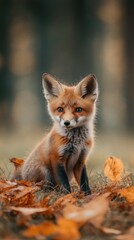 Obraz premium A young fox relaxes on lush green grass in a tranquil forest, surrounded by tall trees on a sunny day