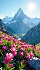 Sunlit alpines peek from beneath pristine snow, alpine flowers, mountain peaks