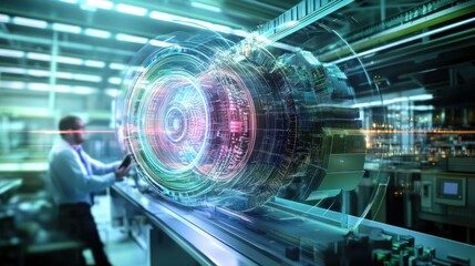 Futuristic factory worker interacting with advanced machine