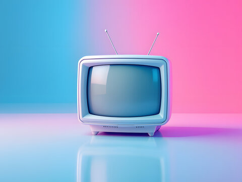 Vintage TV on a vibrant pink surface, retro design with a colorful gradient background.