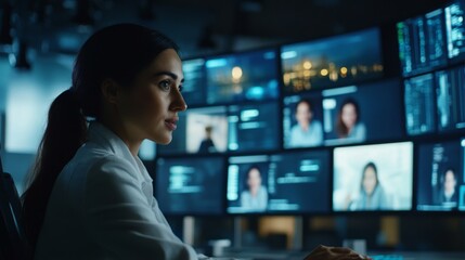 diverse group of professionals in a virtual video call, multiple screens showing remote workers